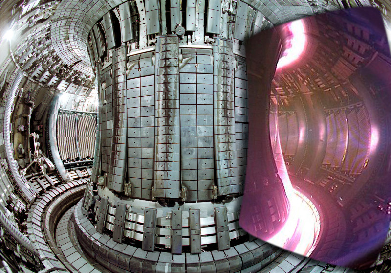 Το εσωτερικό του τόκαμακ του Joint European Torus (JET) με ένα ένθετο στιγμιότυπο του πλάσματος κατά τη λειτουργία του αντιδραστήρα. Ο συντελεστής πολλαπλασιασμού ισχύος του JET είναι μόλις Q=0,64 (αρνητική) ενώ του ITER προβλέπεται να είναι 10.