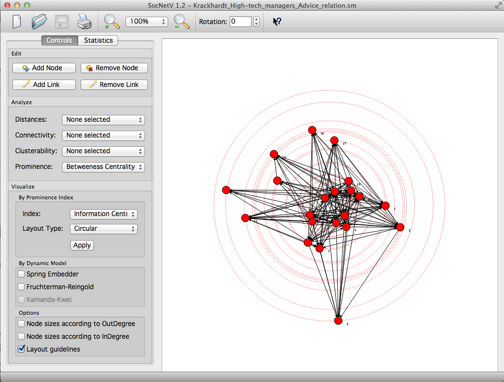 SocNetV - Krackhardt's Dataset High-tech managers - circular layout based on Information Centrality